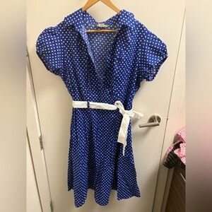 Elegant Blue Polka Dot Pinup Style Midi Dress with White Belt